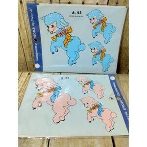2 Vtg Decorcal Hand Painted Decals Pink & Blue Lambs w/ Bell Ribbon Flowers A-44